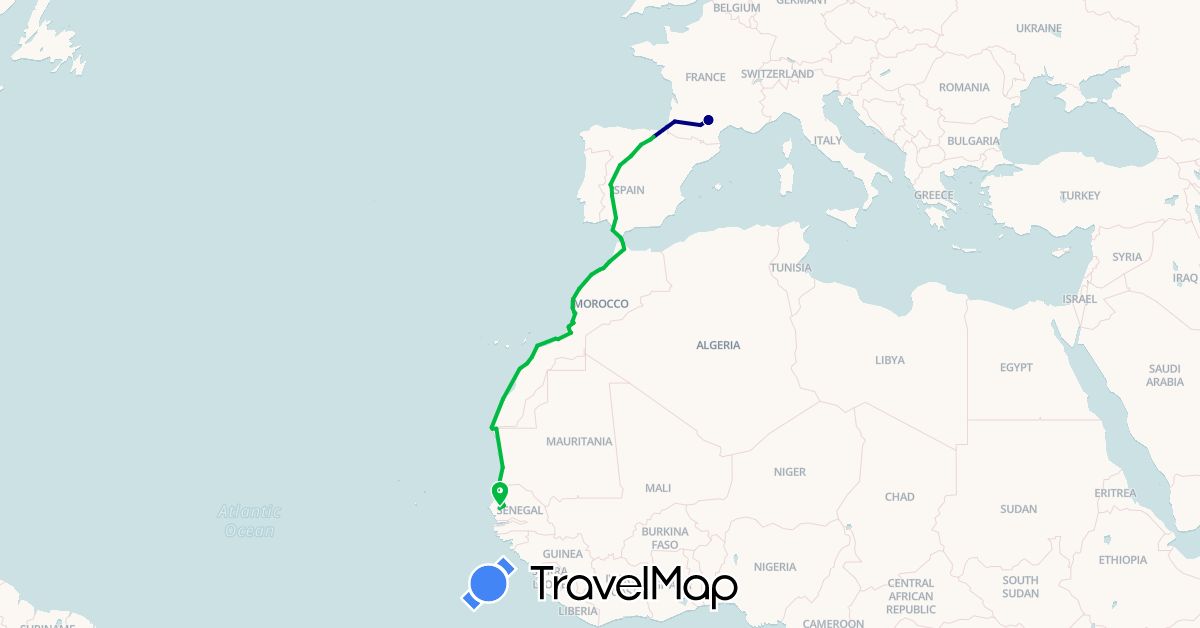TravelMap itinerary: driving, bus in Spain, France, Morocco, Mauritania, Senegal (Africa, Europe)